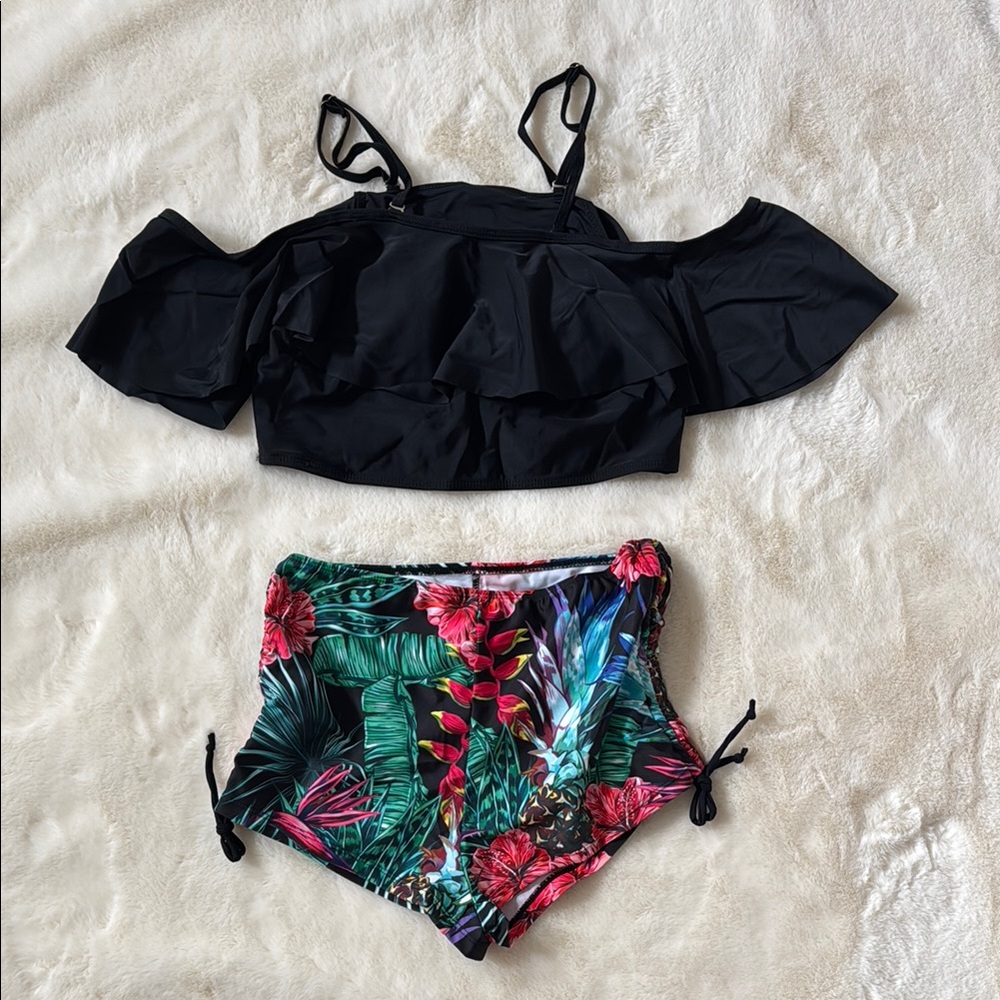 Black Off-Shoulder Top and Tropical Print Shorts Bathing suit Set